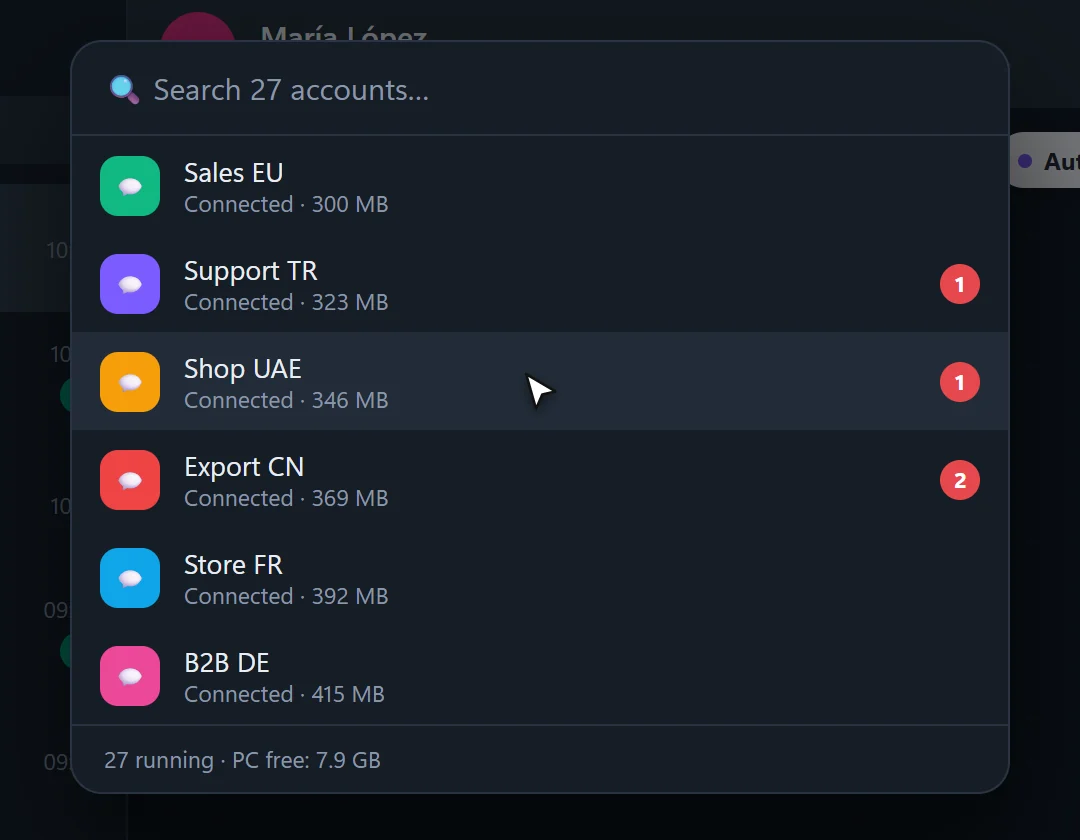 GlotChat account switcher: search and open any of 27 WhatsApp accounts with Ctrl+K